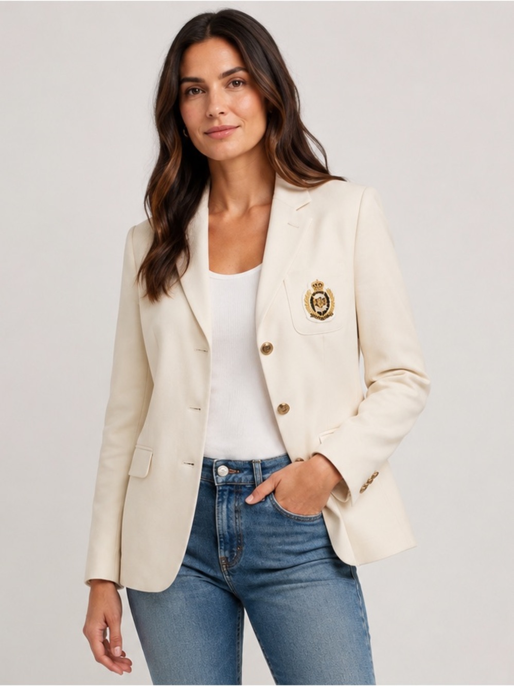 Lauren Ralph Lauren Cream Wool Blazer with Embroidered Crest. Vintage! Size 8P.